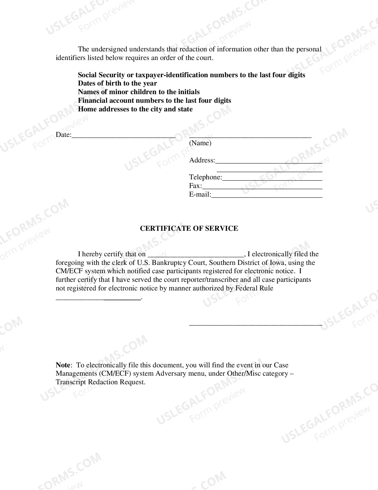 Preview Adversary Proceeding - Transcript Redaction Request