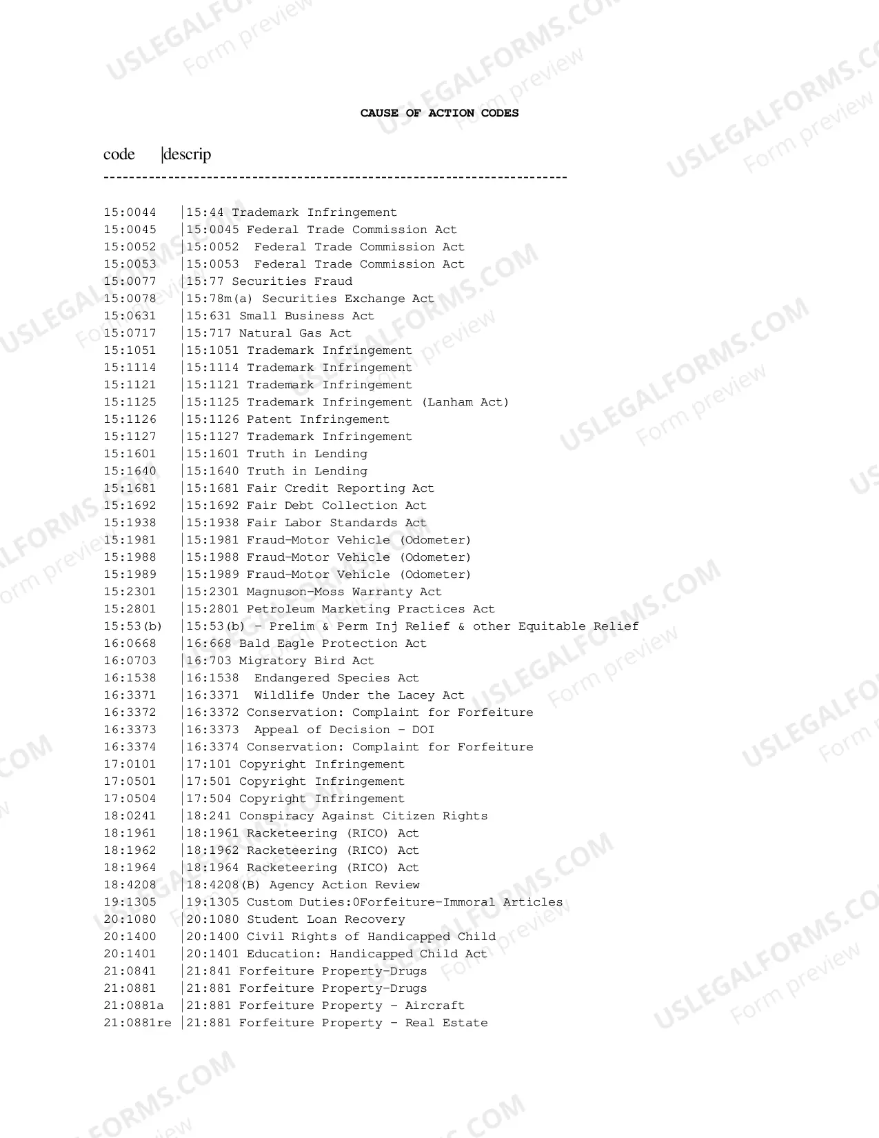 Preview Cause of Action Codes