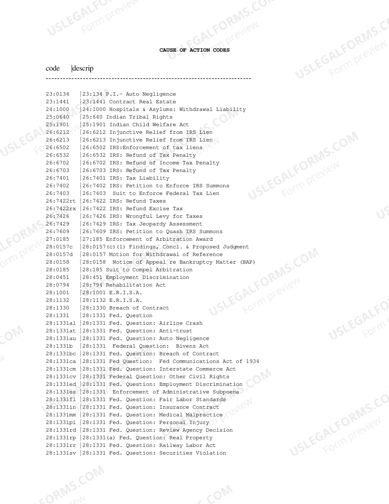 Preview Cause of Action Codes