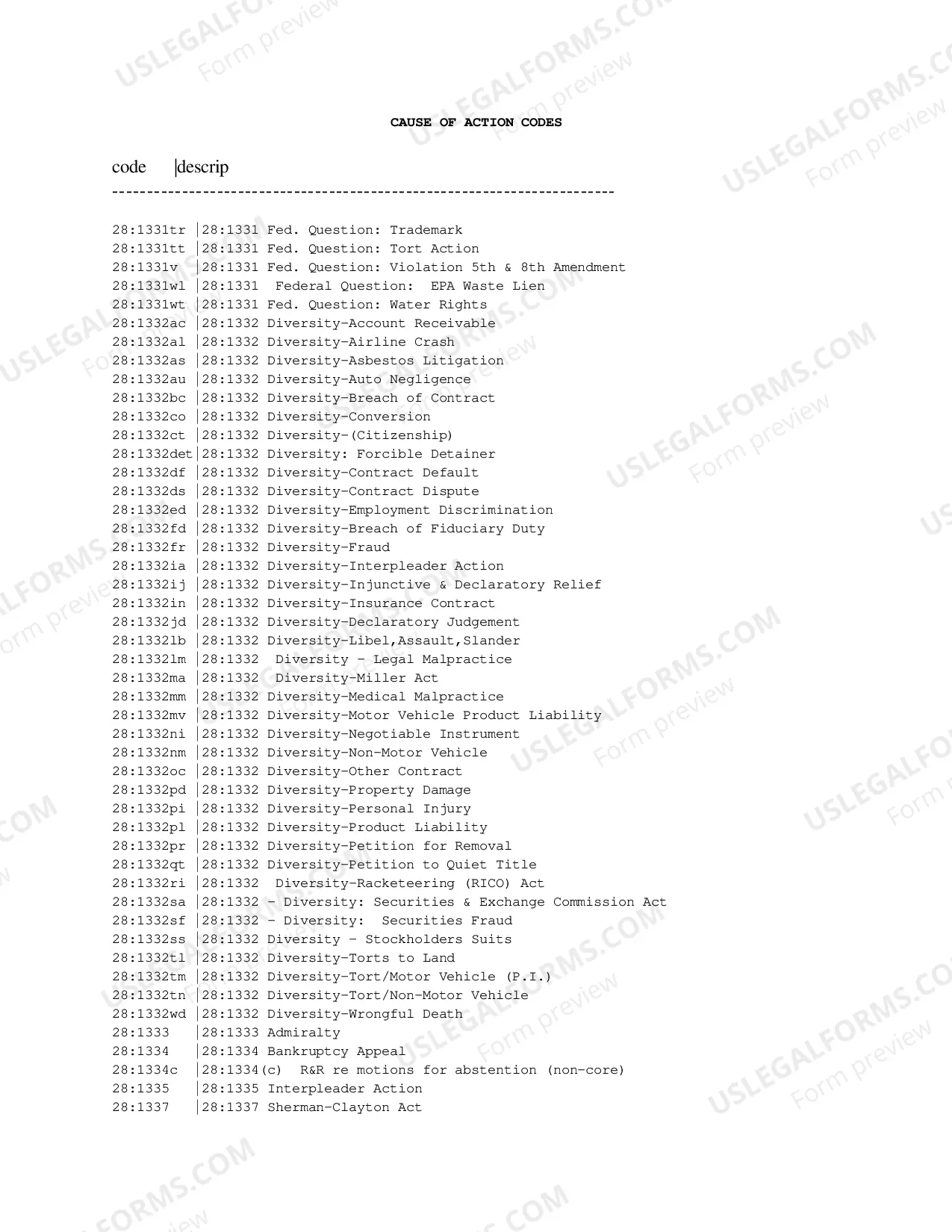 Preview Cause of Action Codes