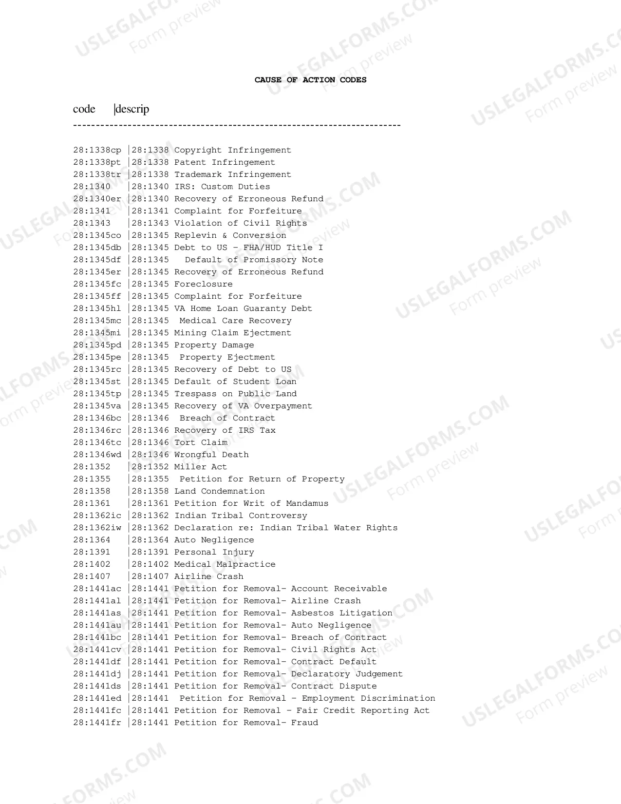 Preview Cause of Action Codes