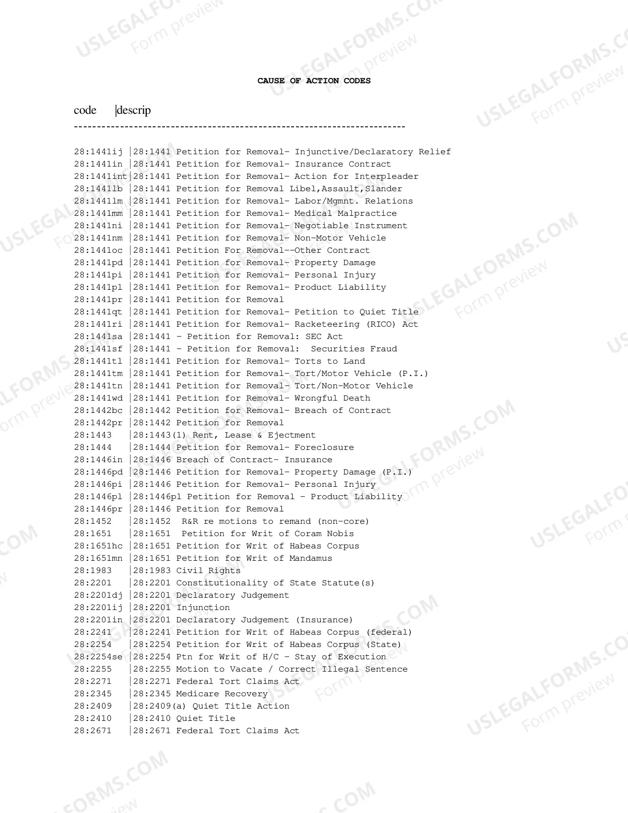 Preview Cause of Action Codes