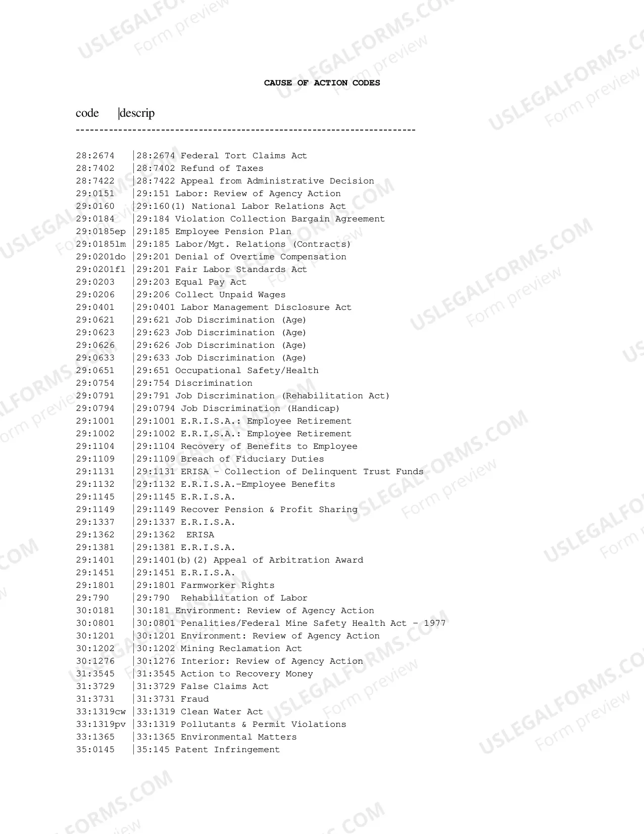 Preview Cause of Action Codes