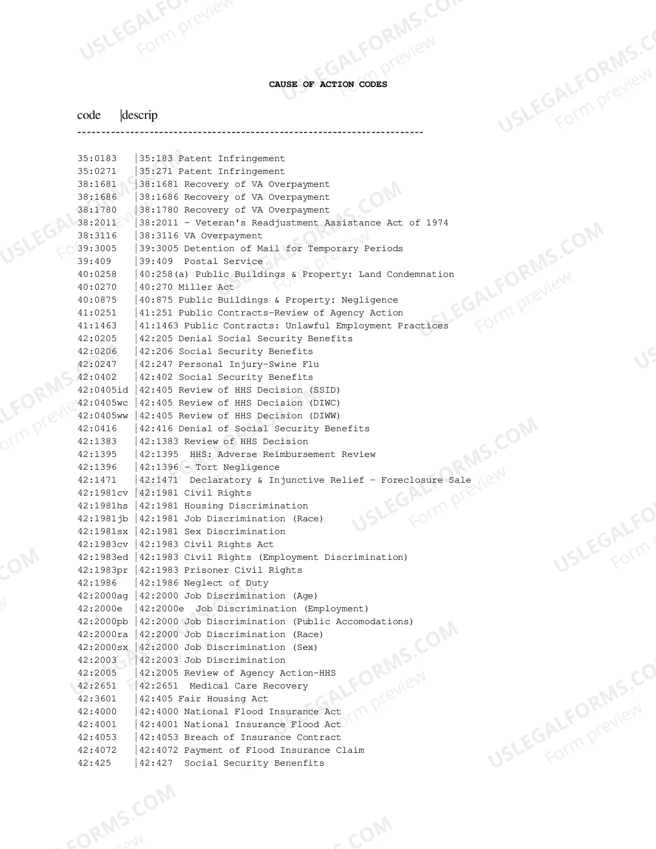 Preview Cause of Action Codes