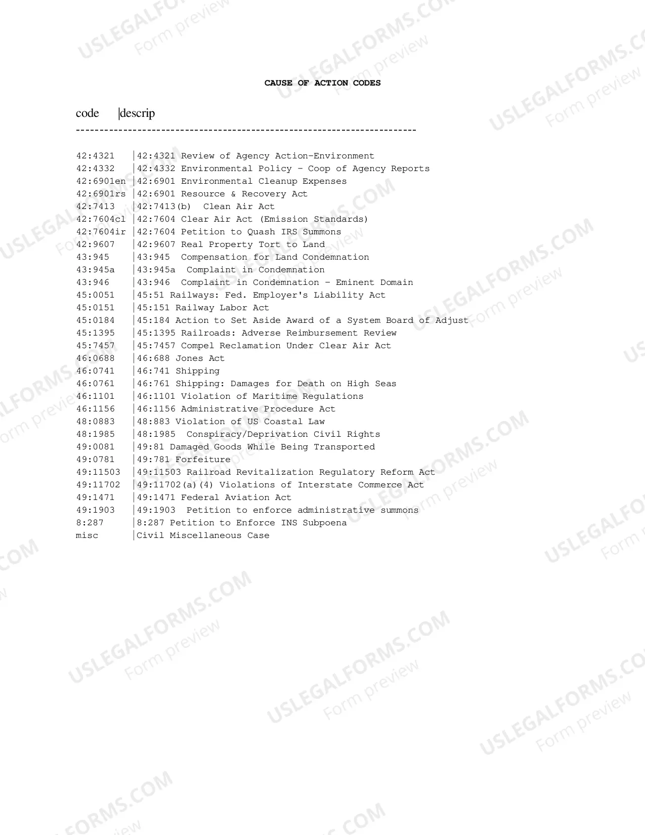 Preview Cause of Action Codes