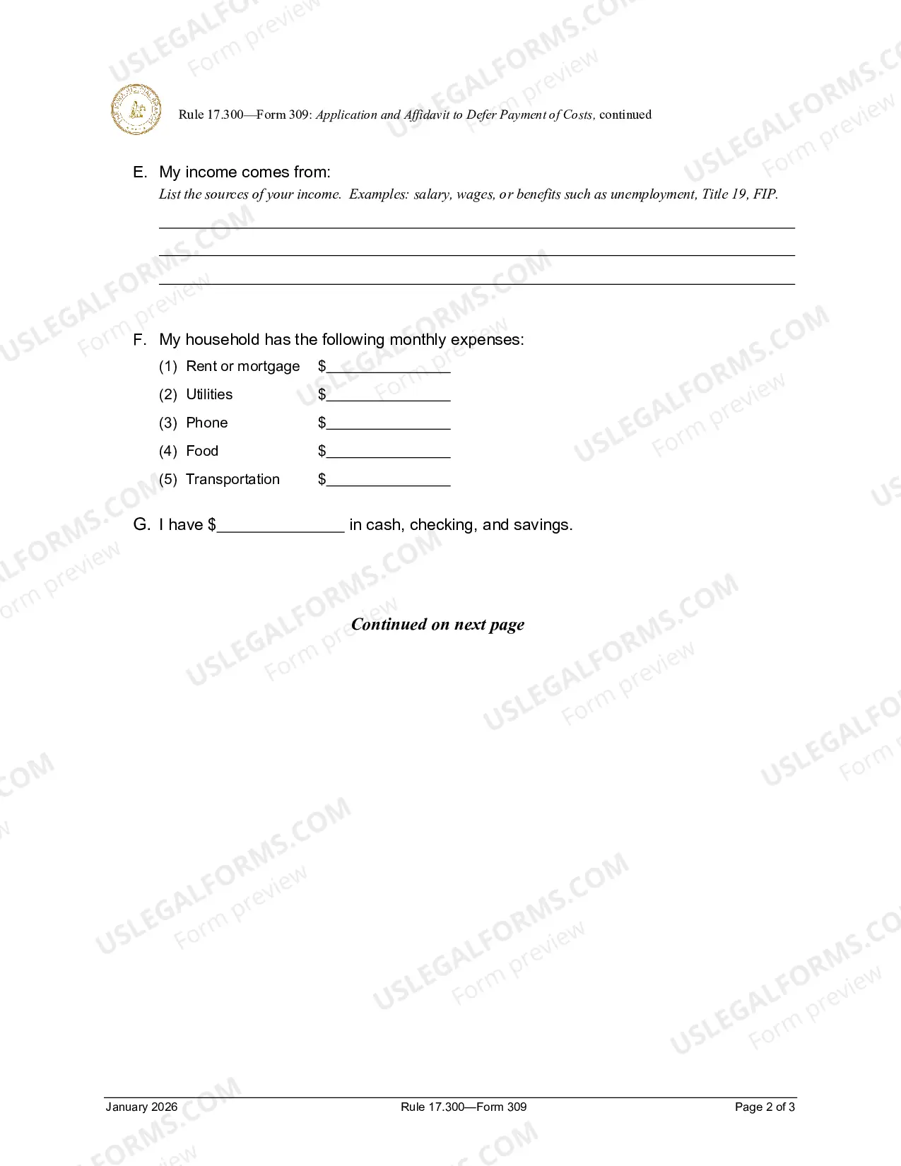 Preview Application And Affidavit To Defer Payment of Costs
