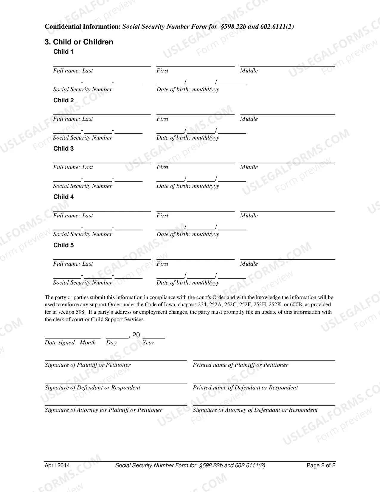 Preview Confidential Information - Social Security Number Form For Sec. 598.22b And 602.6111(2)