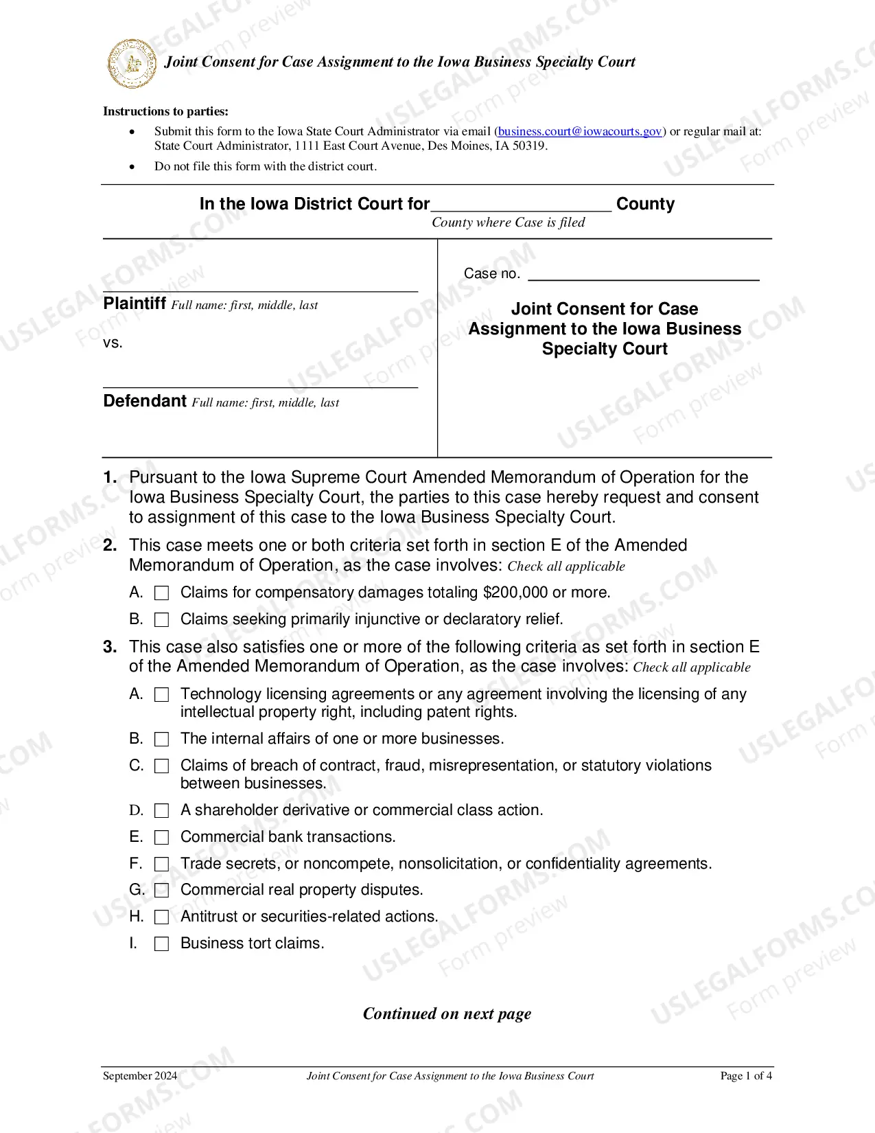 Preview Joint Consent For Case Assignment To Business Court