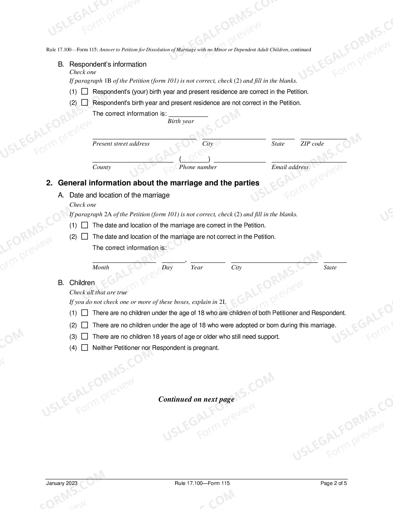Preview Answer To Petition For Dissolution of Marriage No Minor Or Dependent Adult Children