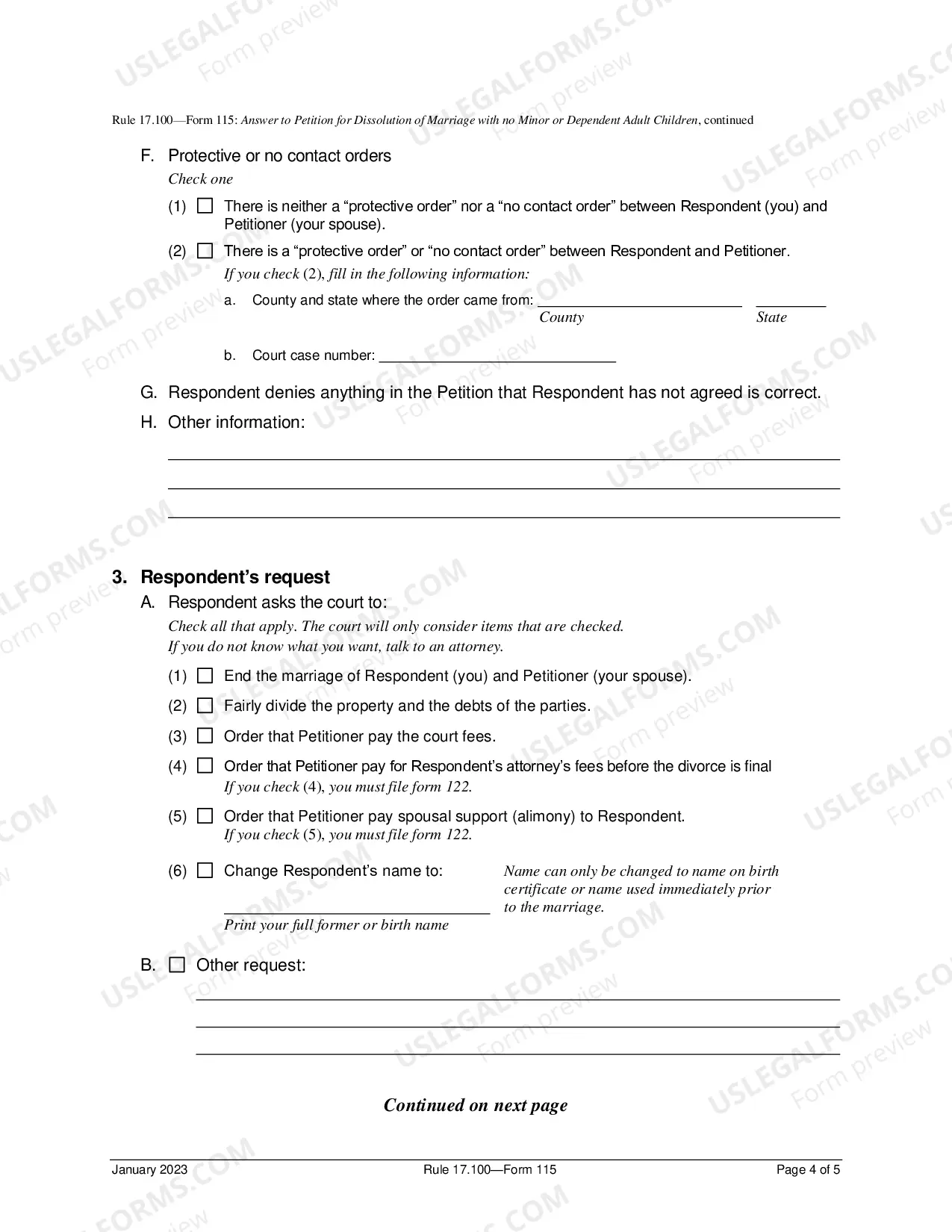 Preview Answer To Petition For Dissolution of Marriage No Minor Or Dependent Adult Children
