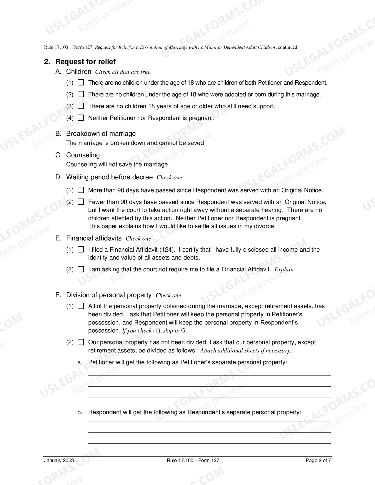 Preview Request For Relief In Dissolution of Marriage No Minor Or Dependent Adult Children