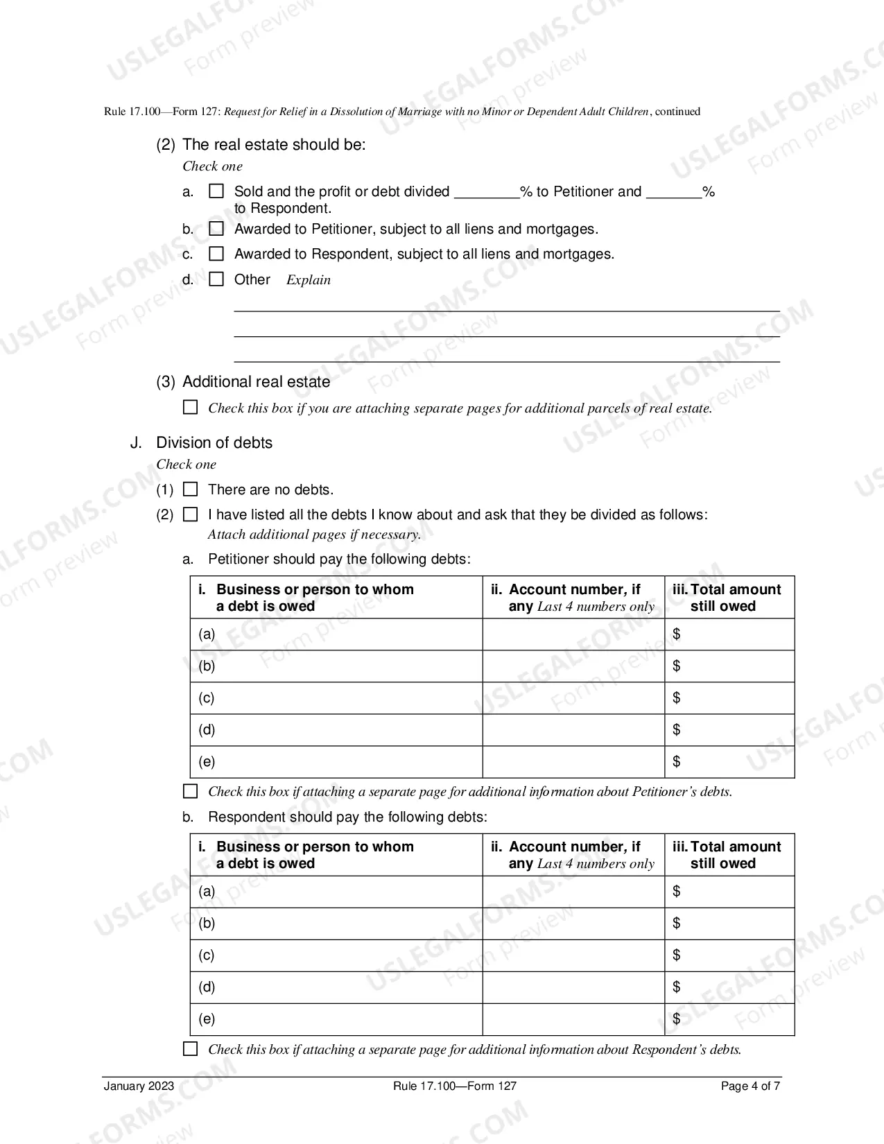 Preview Request For Relief In Dissolution of Marriage No Minor Or Dependent Adult Children