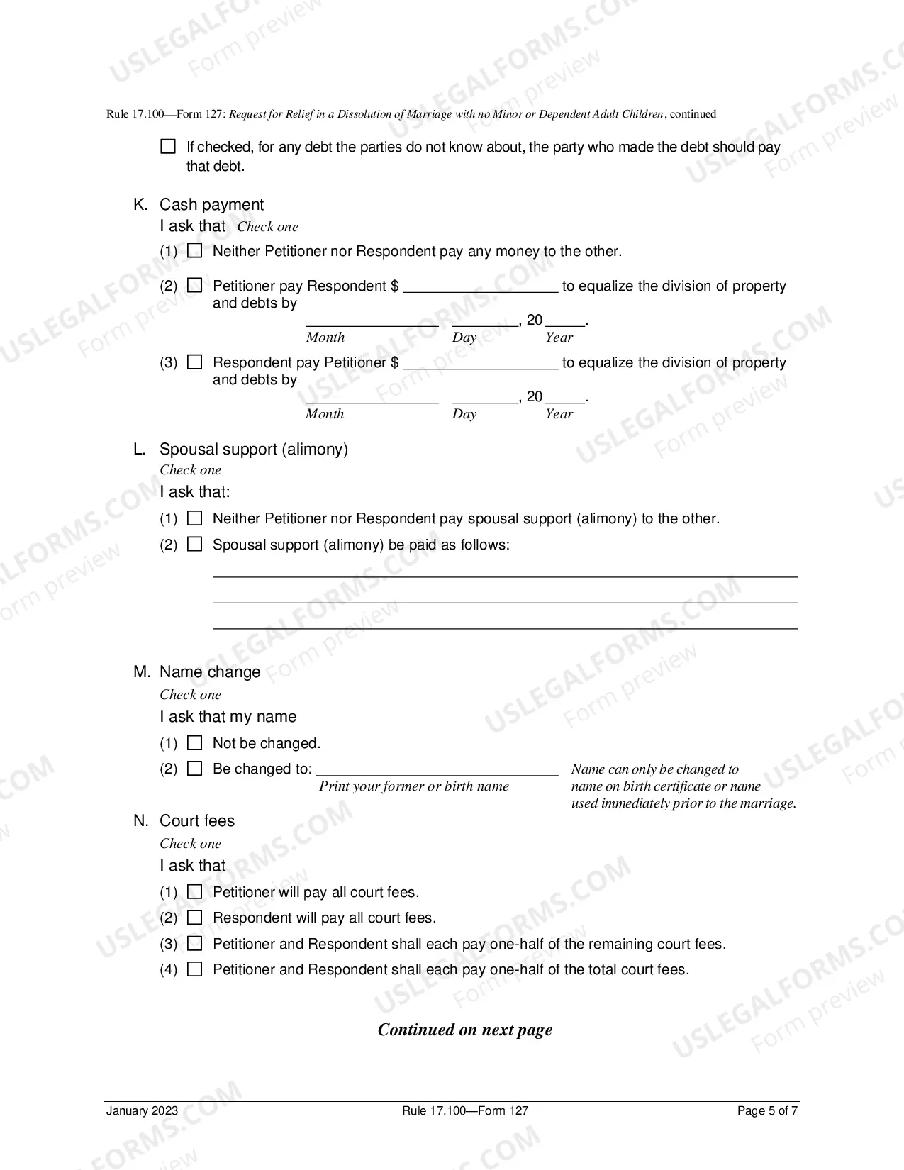 Preview Request For Relief In Dissolution of Marriage No Minor Or Dependent Adult Children