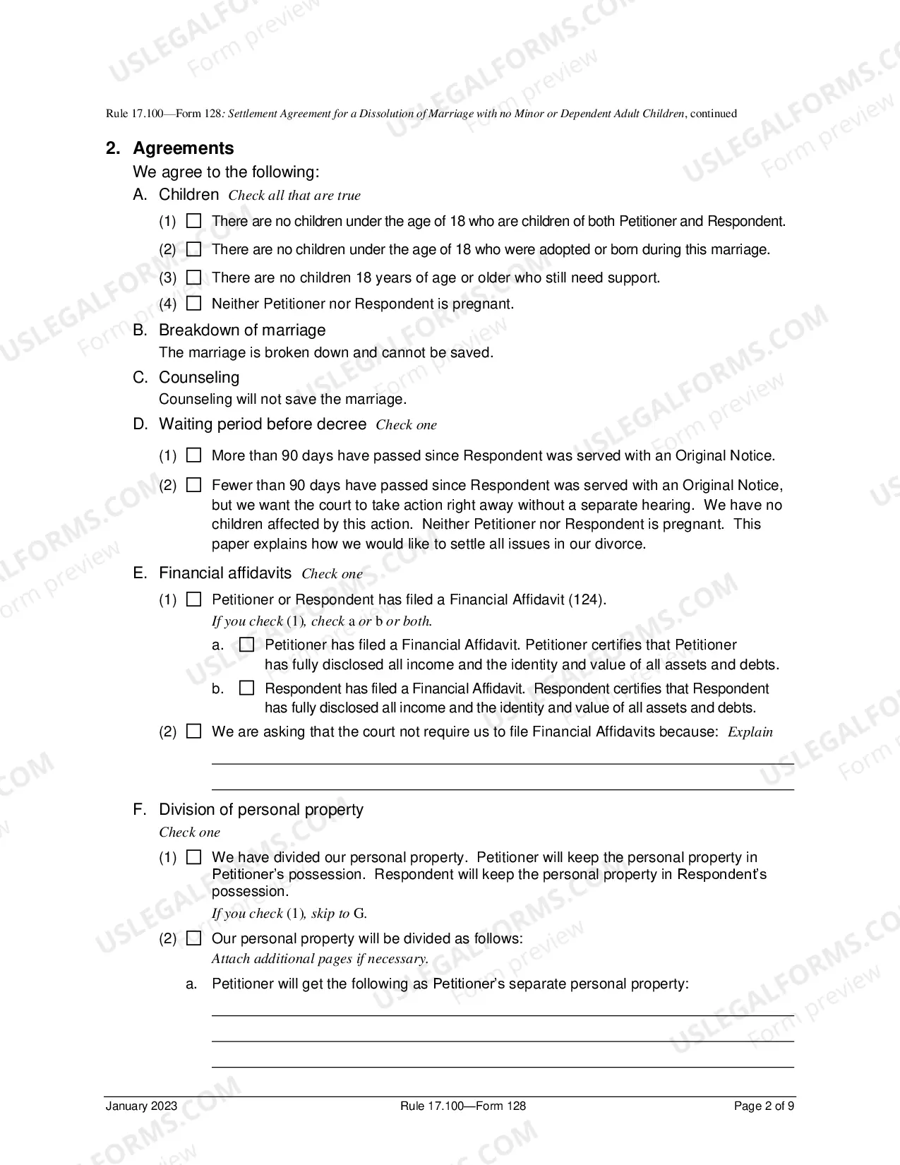 Preview Settlement Agreement For Dissolution of Marriage No Minor Or Dependent Adult Children