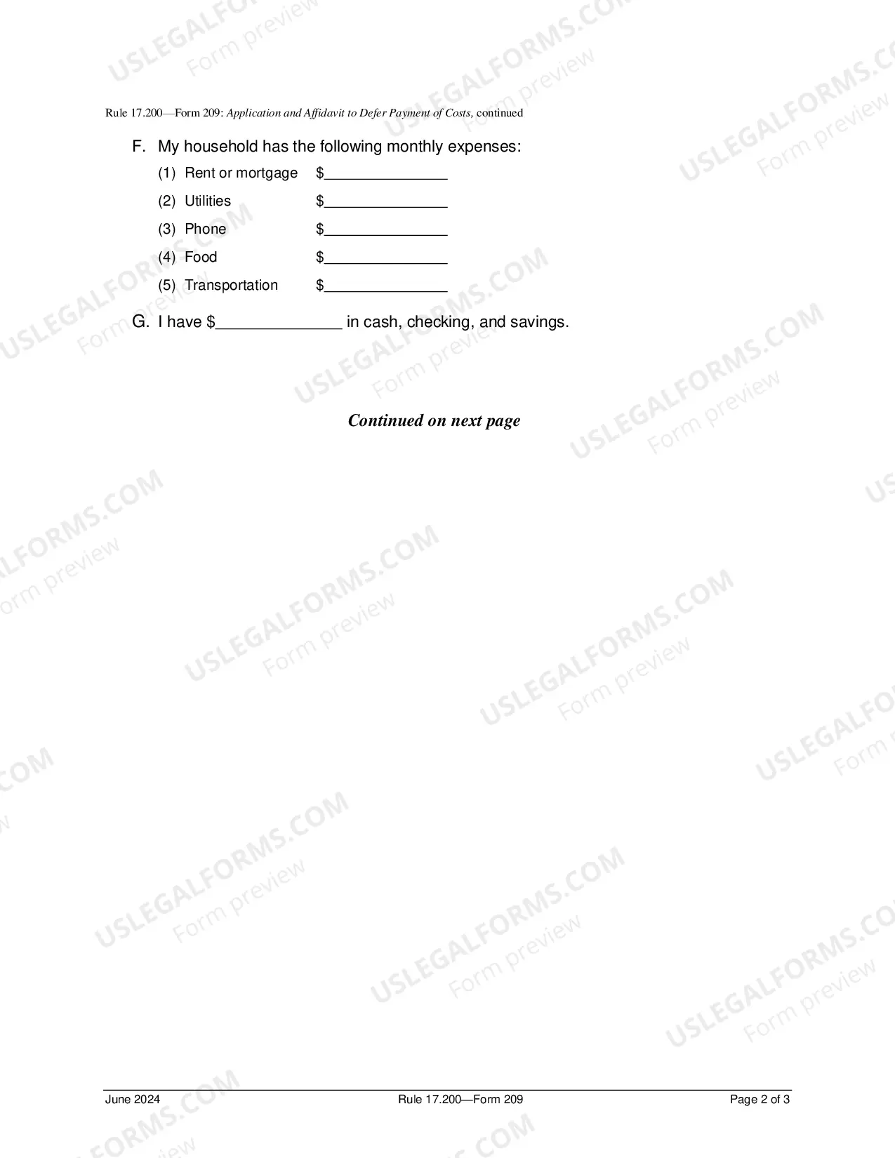 Preview Application And Affidavit To Defer Payment of Costs
