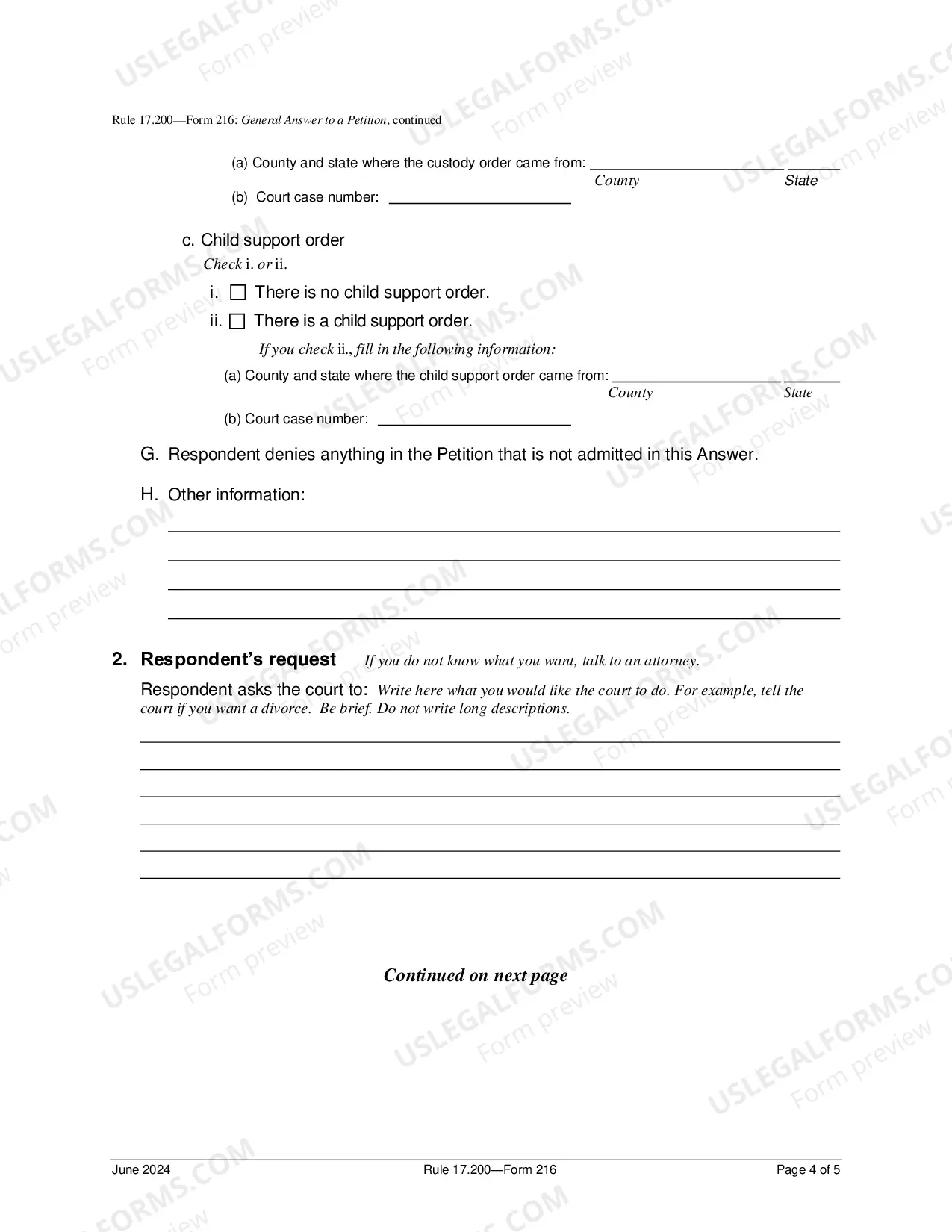 Preview General Answer To Petition For Dissolution of Marriage With Children