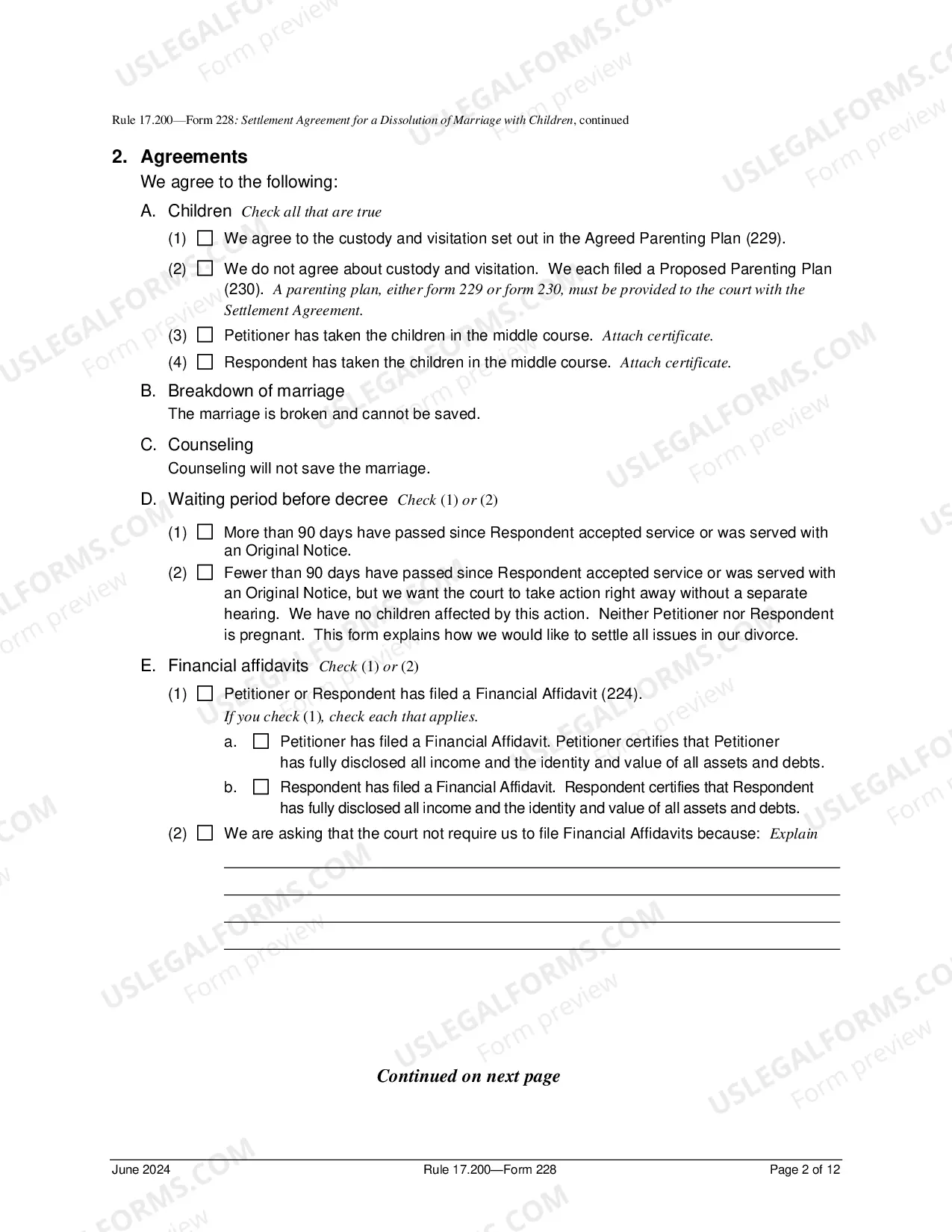 Preview Settlement Agreement For Dissolution of Marriage With Children