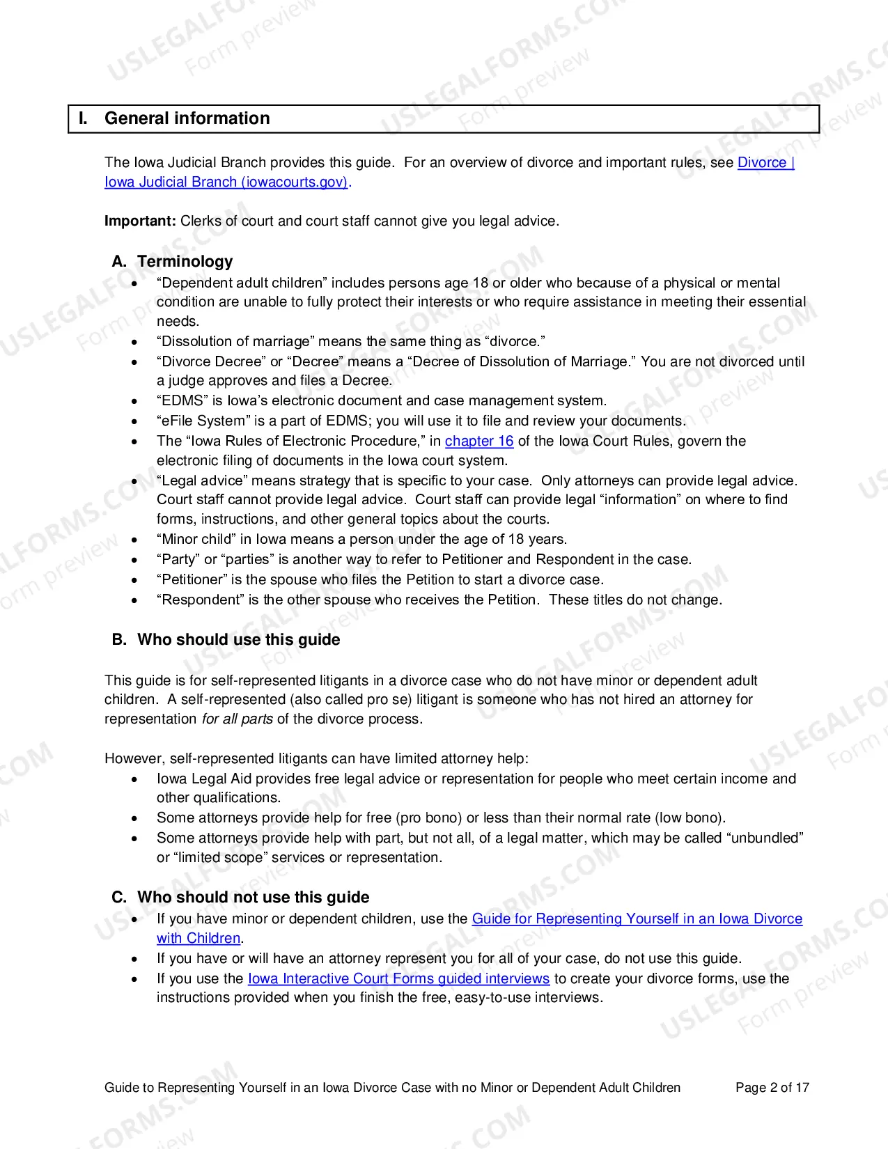 Preview Guide to Representing Yourself in an Iowa Divorce Case with No Minor or Dependent Adult Children