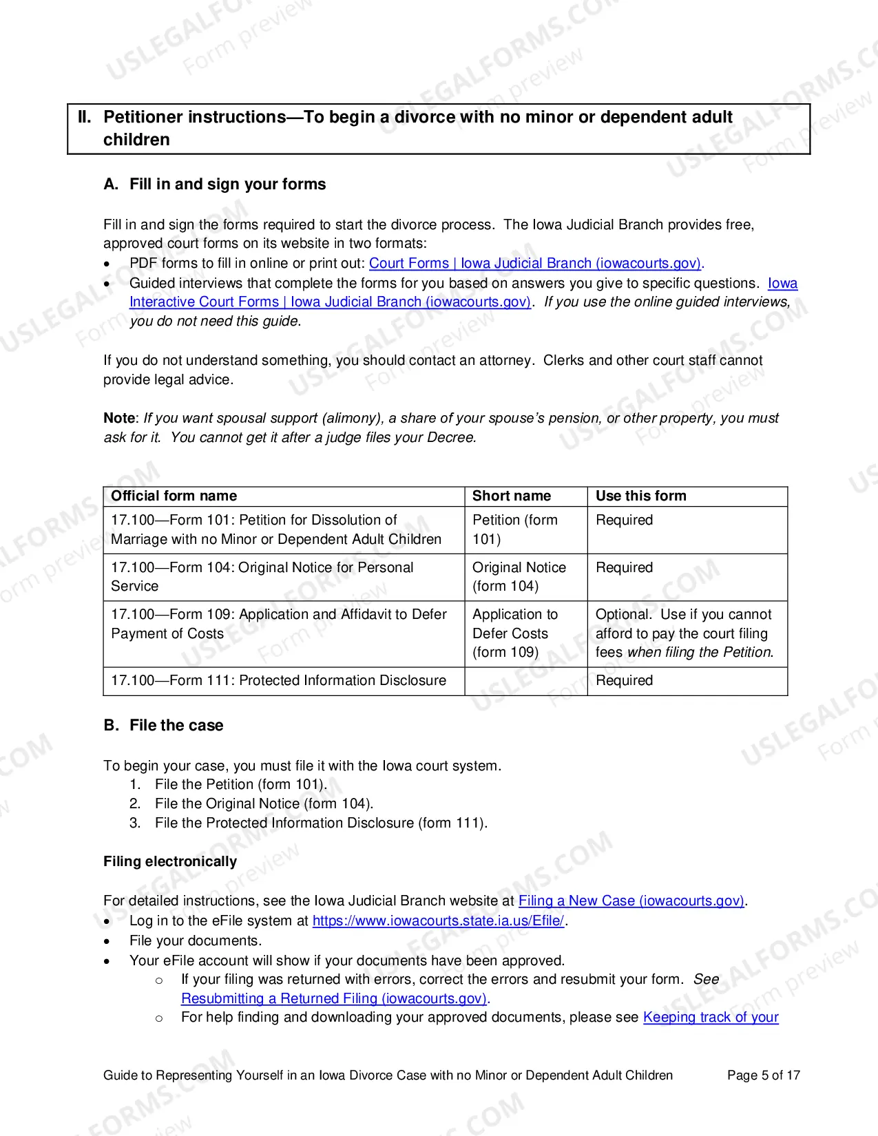 Preview Guide to Representing Yourself in an Iowa Divorce Case with No Minor or Dependent Adult Children