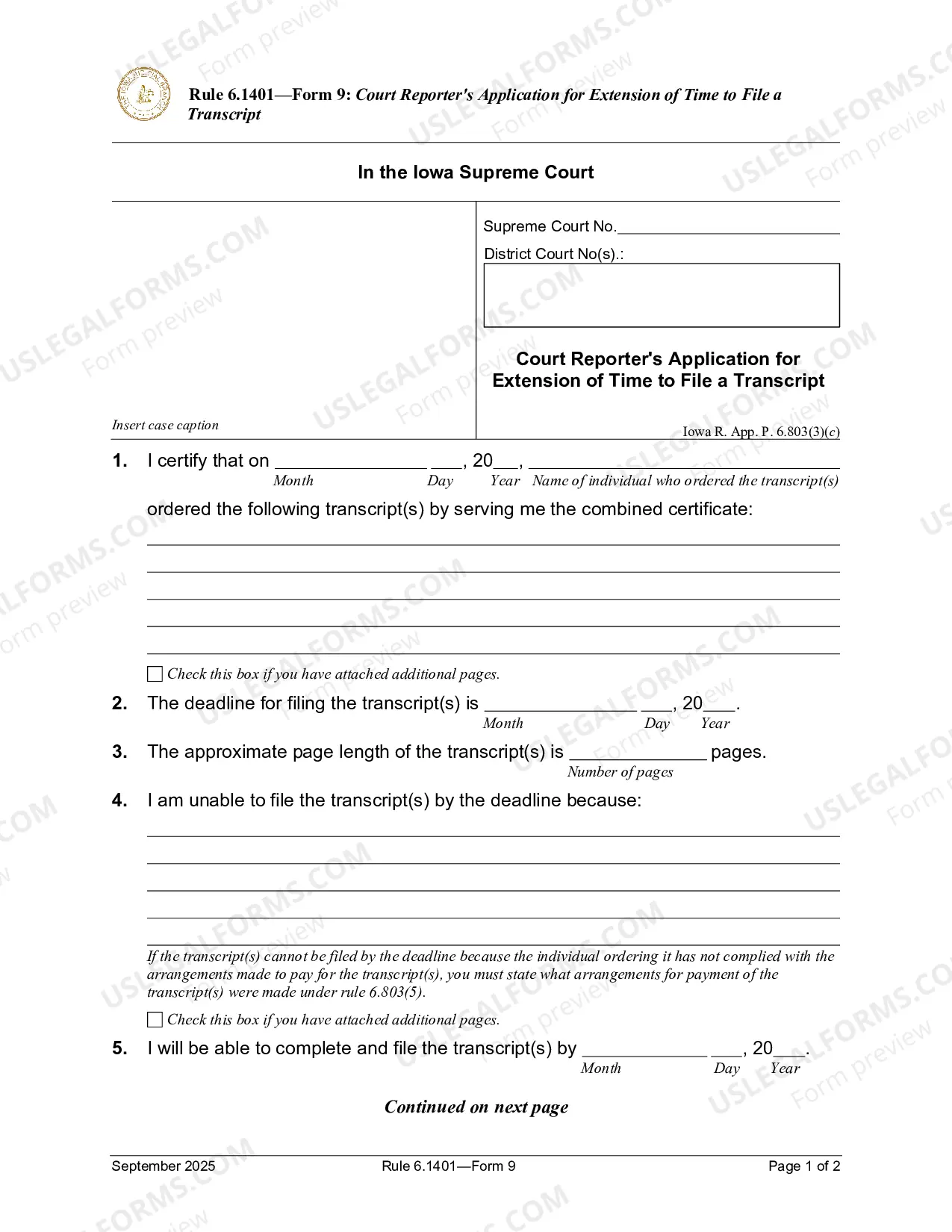 Preview Form 9 - Reporter's Application for an Extension of Time to File a Transcript