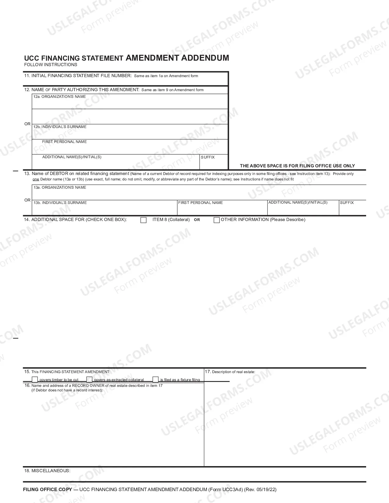Preview Iowa UCC3 Financing Statement Amendment Addendum