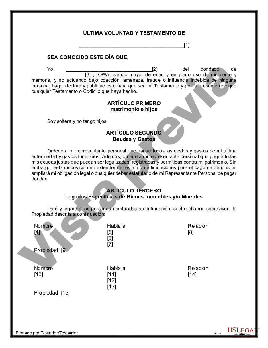 Preview Formulario de última voluntad y testamento legal para persona soltera sin hijos