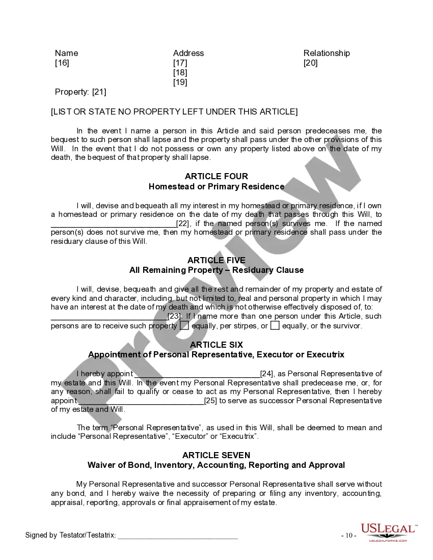 Preview Last Will and Testament for Single Person with No Children