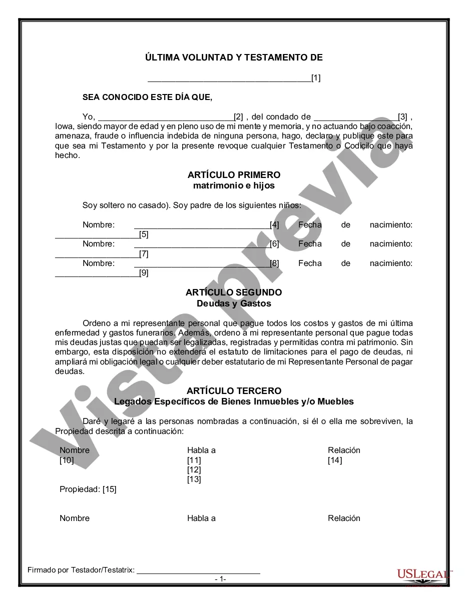 Preview Formulario Legal de Última Voluntad y Testamento para una Persona Soltera con Hijos Menores
