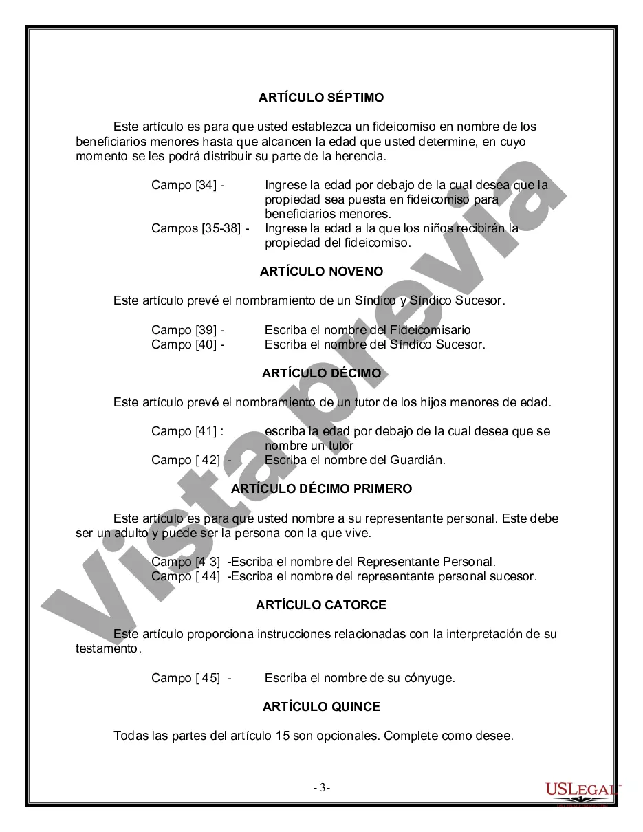 Preview Última voluntad y testamento legal para persona casada con hijos menores de edad de un matrimonio anterior