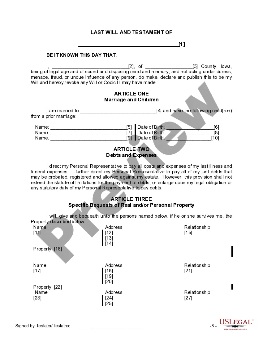 Preview Last Will and Testament for Married person with Minor Children from Prior Marriage