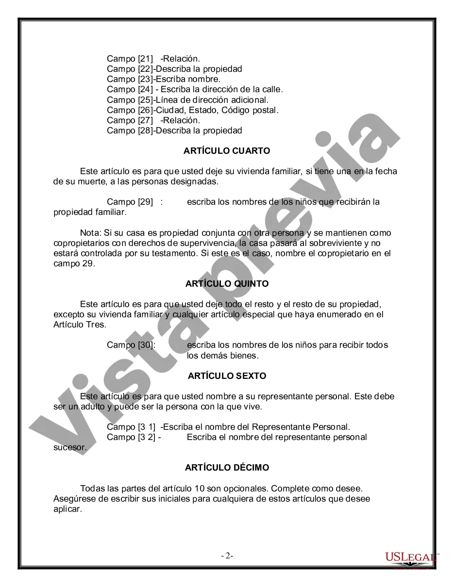 Preview Formulario de última voluntad y testamento legal para personas divorciadas que no se han vuelto a casar con hijos adultos
