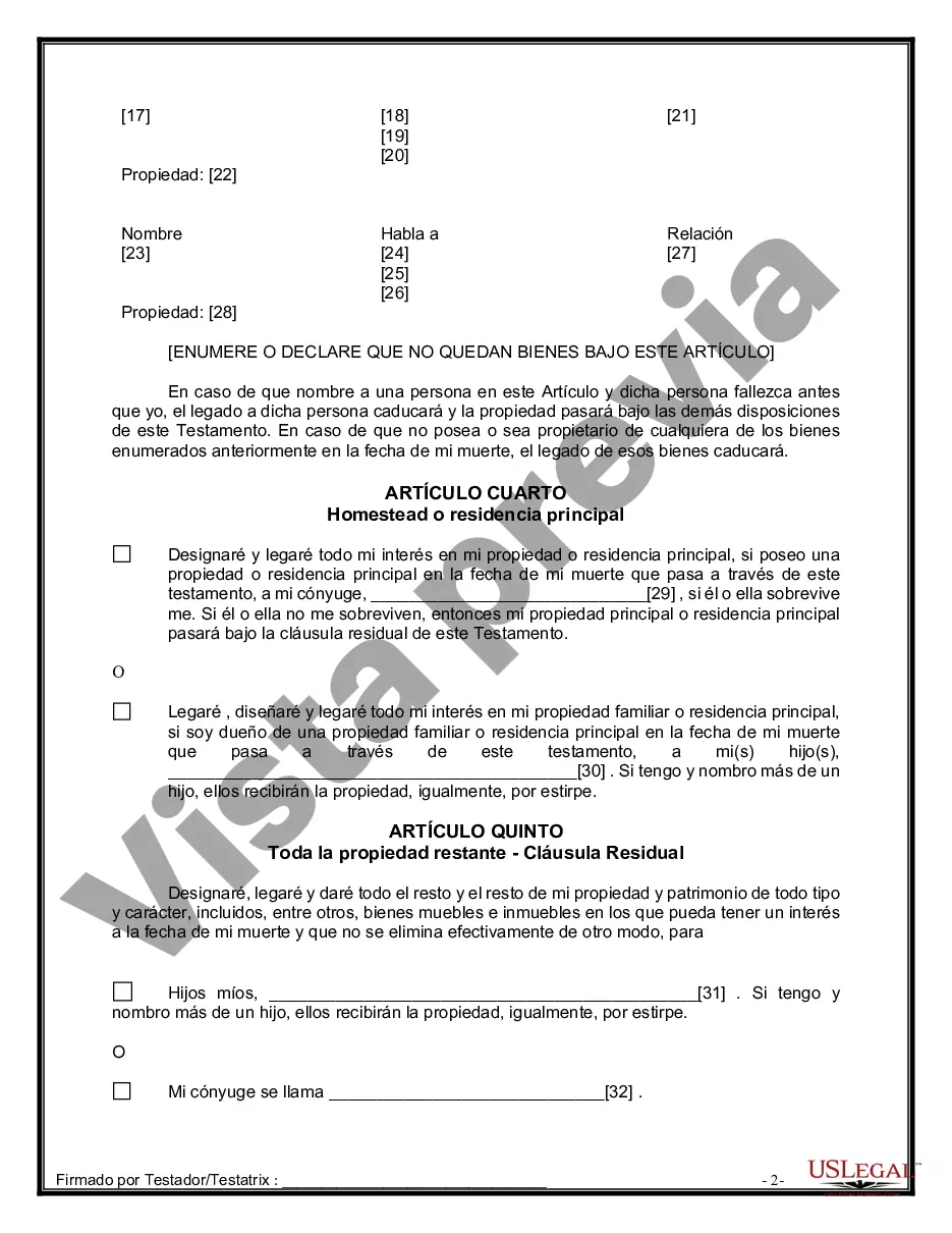 Preview Formulario de última voluntad y testamento legal para una persona casada con hijos adultos de un matrimonio anterior