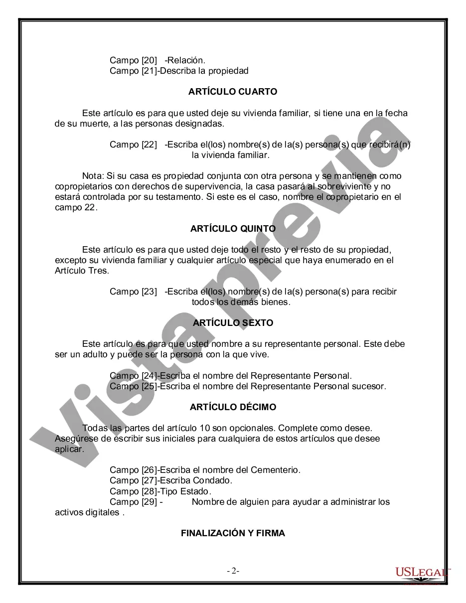 Preview Formulario de última voluntad y testamento legal para personas divorciadas que no se han vuelto a casar y no tienen hijos