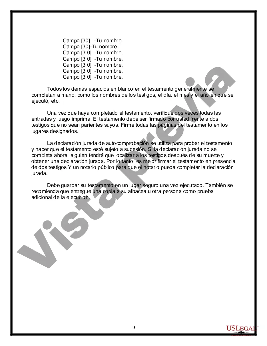 Preview Formulario de última voluntad y testamento legal para personas divorciadas que no se han vuelto a casar y no tienen hijos