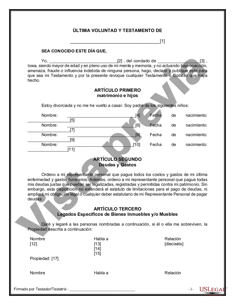Preview Formulario de última voluntad y testamento legal para personas divorciadas que no se han vuelto a casar con hijos adultos y menores