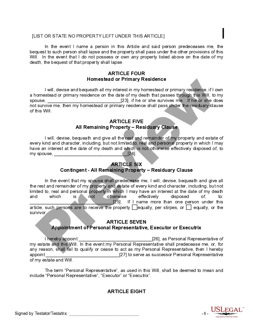 Preview Last Will and Testament for a Married Person with No Children