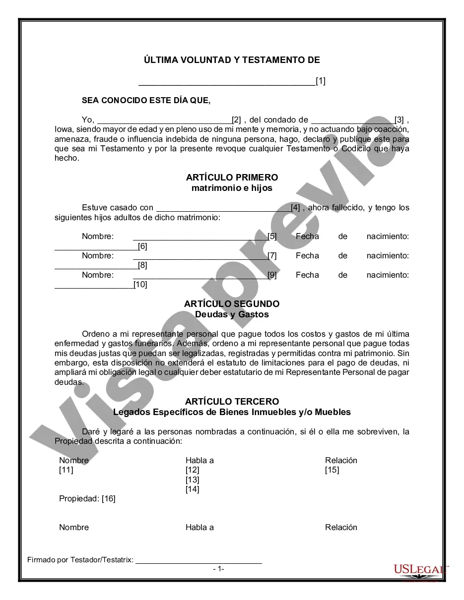 Preview Formulario de testamento y última voluntad legal para viuda o viudo con hijos adultos