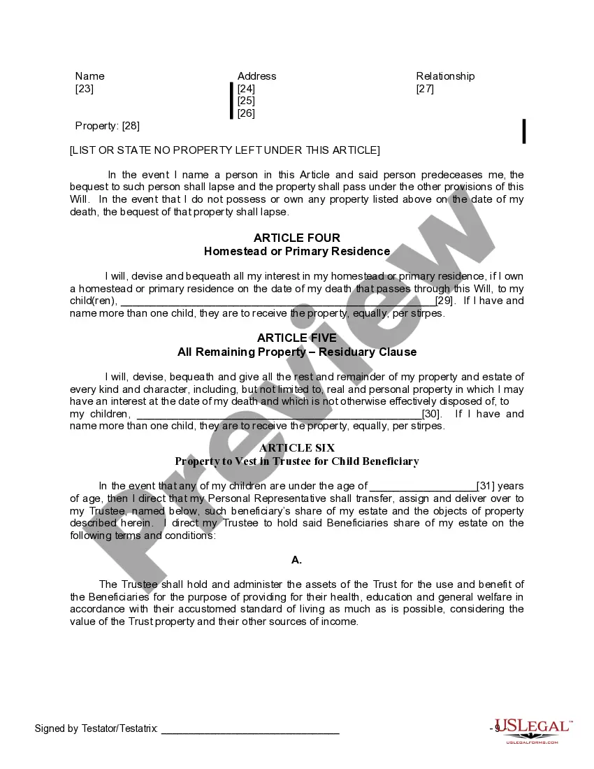 Preview Last Will and Testament for Widow or Widower with Minor Children