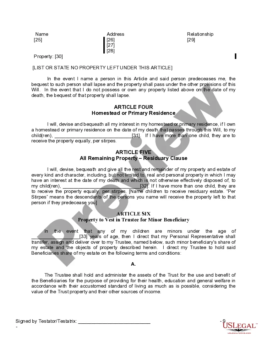 Preview Last Will and Testament for a Widow or Widower with Adult and Minor Children