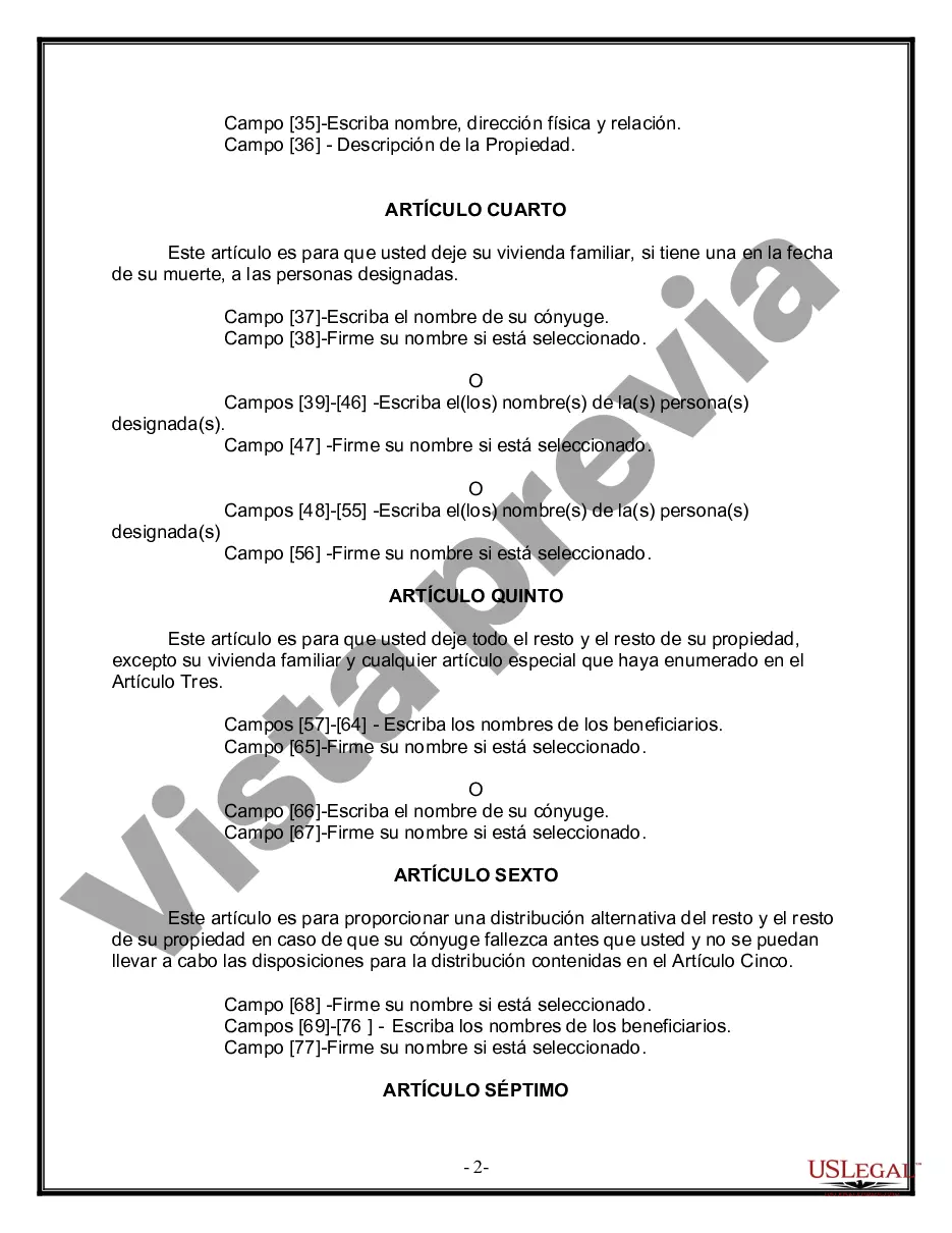 Preview Formulario Legal de Última Voluntad y Testamento para Persona Divorciada y Recasada con Hijos Míos, Tuyos y Nuestros