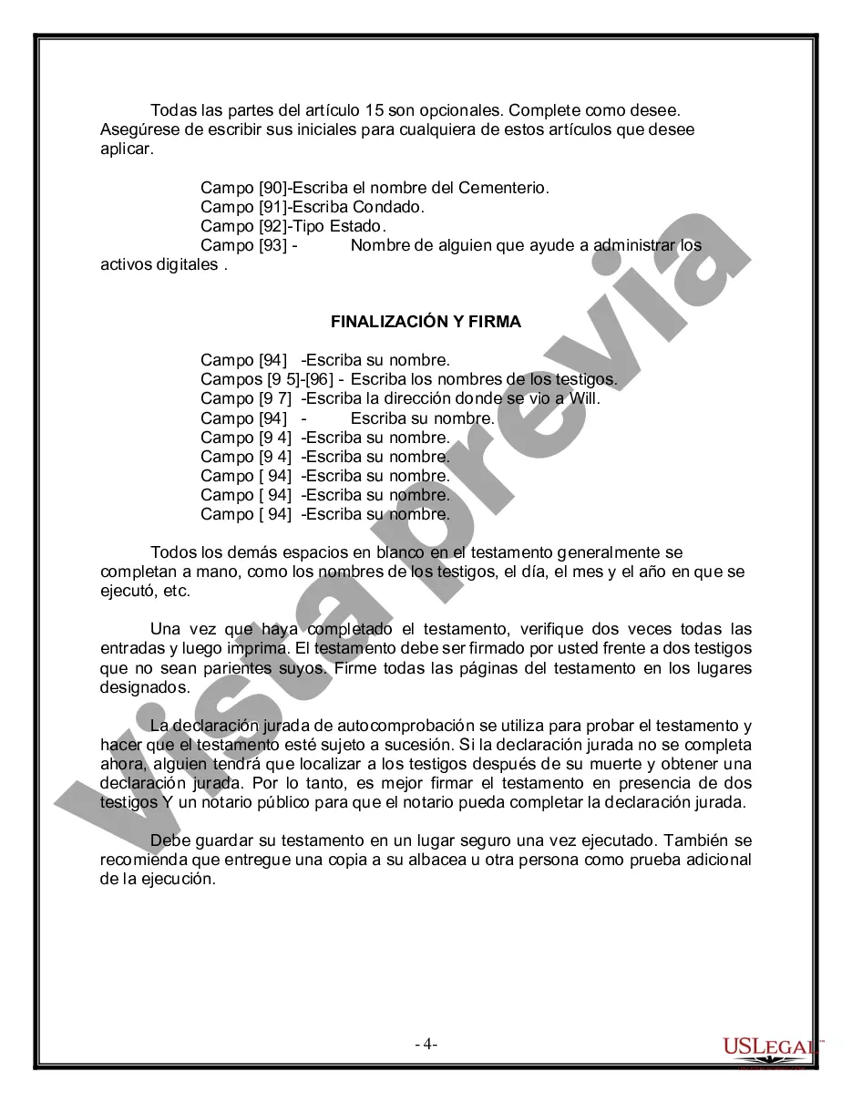 Preview Formulario Legal de Última Voluntad y Testamento para Persona Divorciada y Recasada con Hijos Míos, Tuyos y Nuestros
