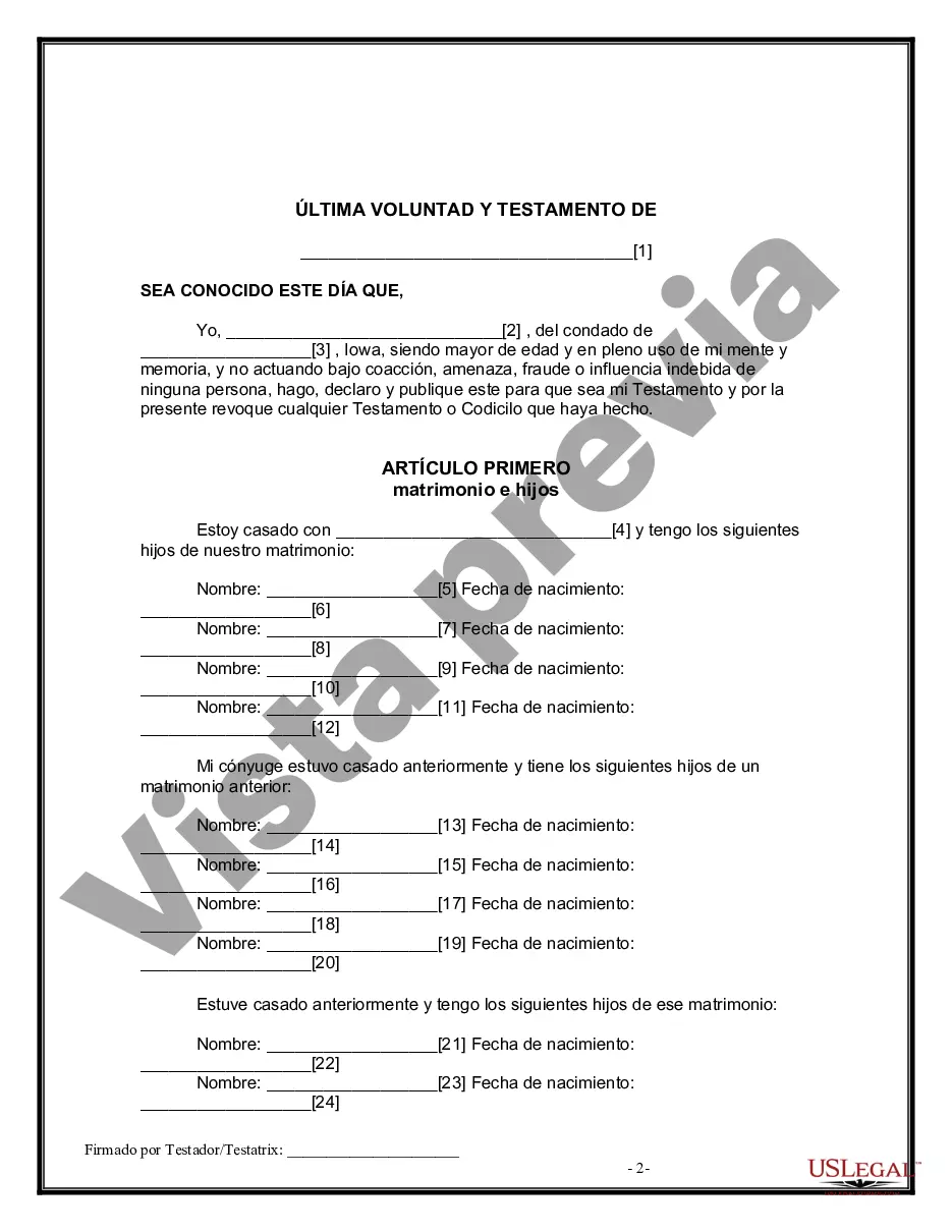 Preview Formulario Legal de Última Voluntad y Testamento para Persona Divorciada y Recasada con Hijos Míos, Tuyos y Nuestros