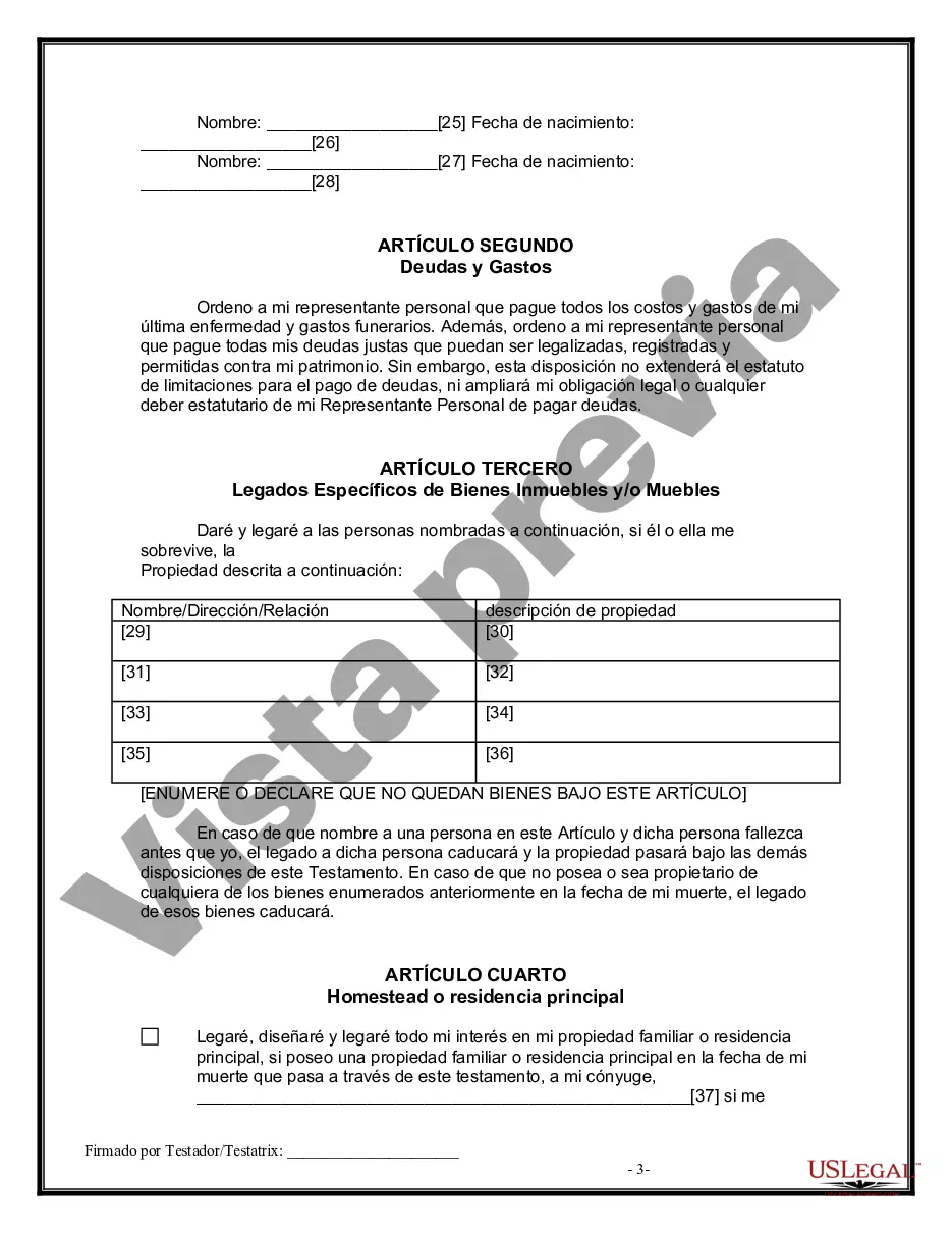 Preview Formulario Legal de Última Voluntad y Testamento para Persona Divorciada y Recasada con Hijos Míos, Tuyos y Nuestros