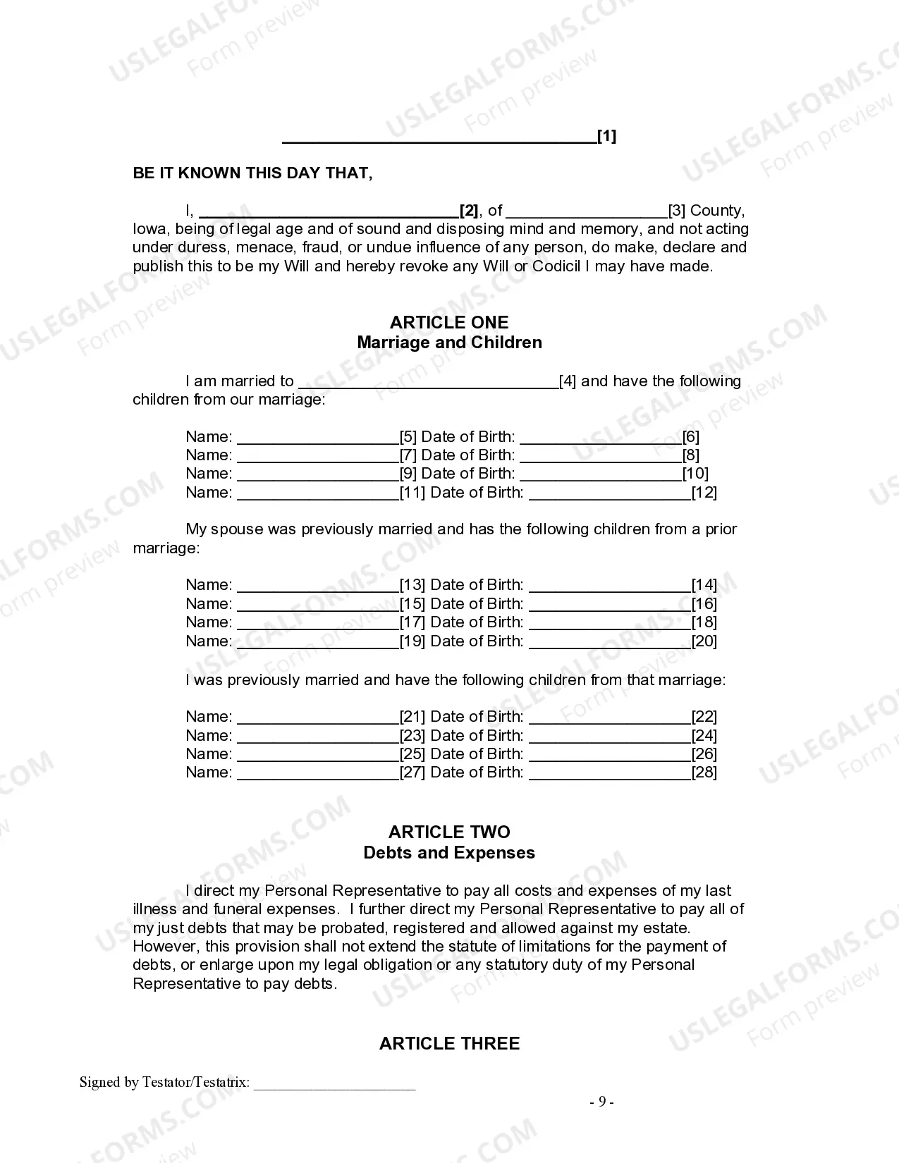 Preview Last Will and Testament for Divorced and Remarried Person with Mine, Yours and Ours Children