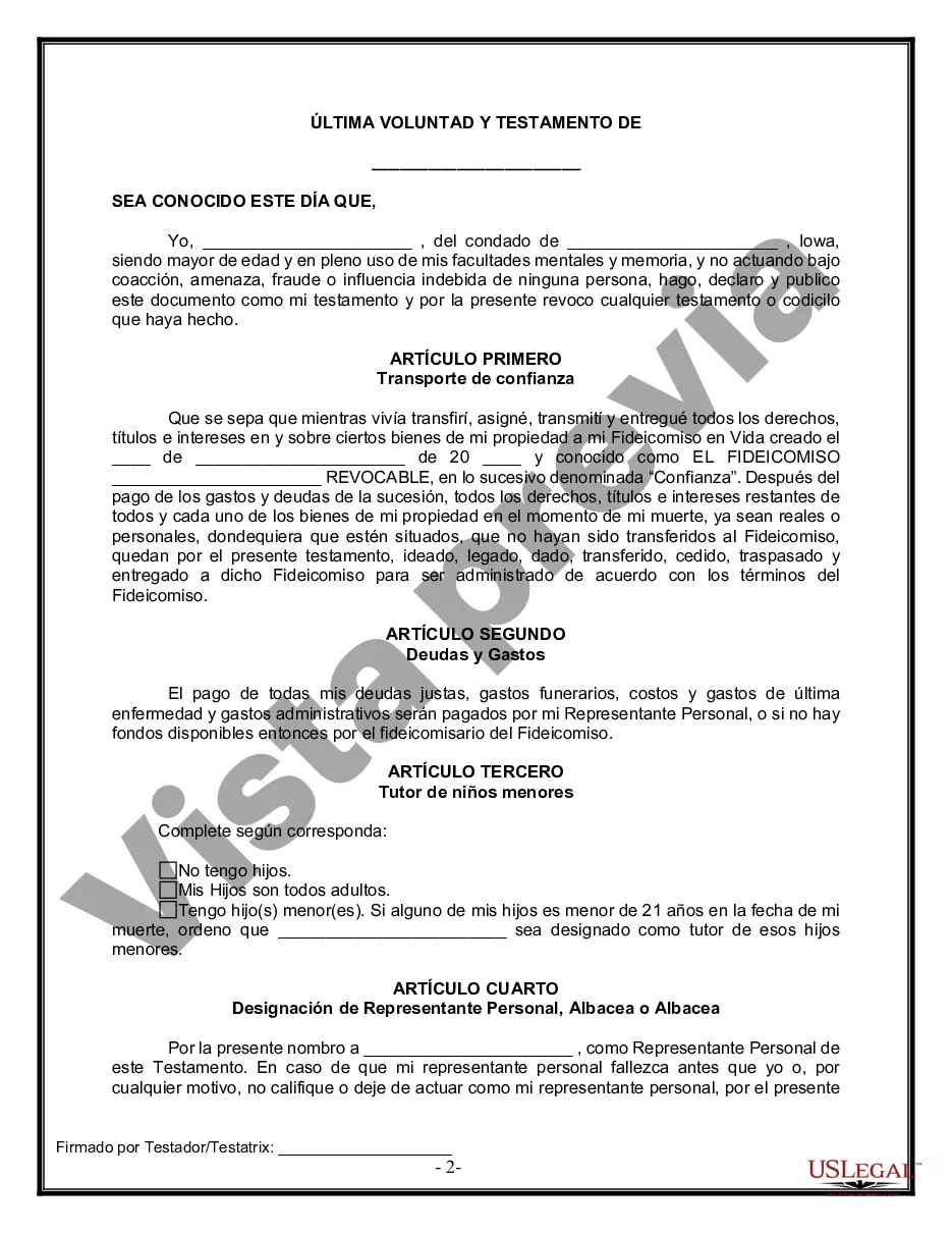 Preview Último testamento legal y formulario de testamento con todos los bienes en fideicomiso llamado testamento invertido