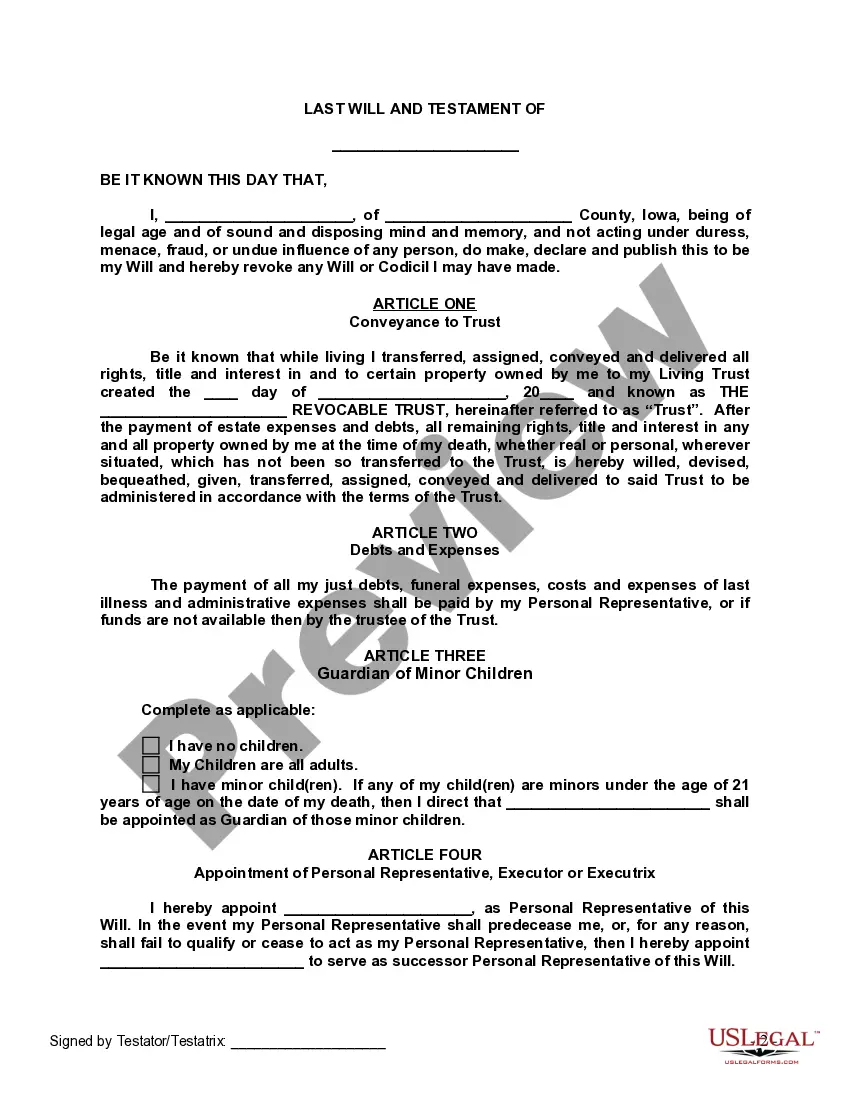 Preview Last Will and Testament with All Property to Trust called a Pour Over Will