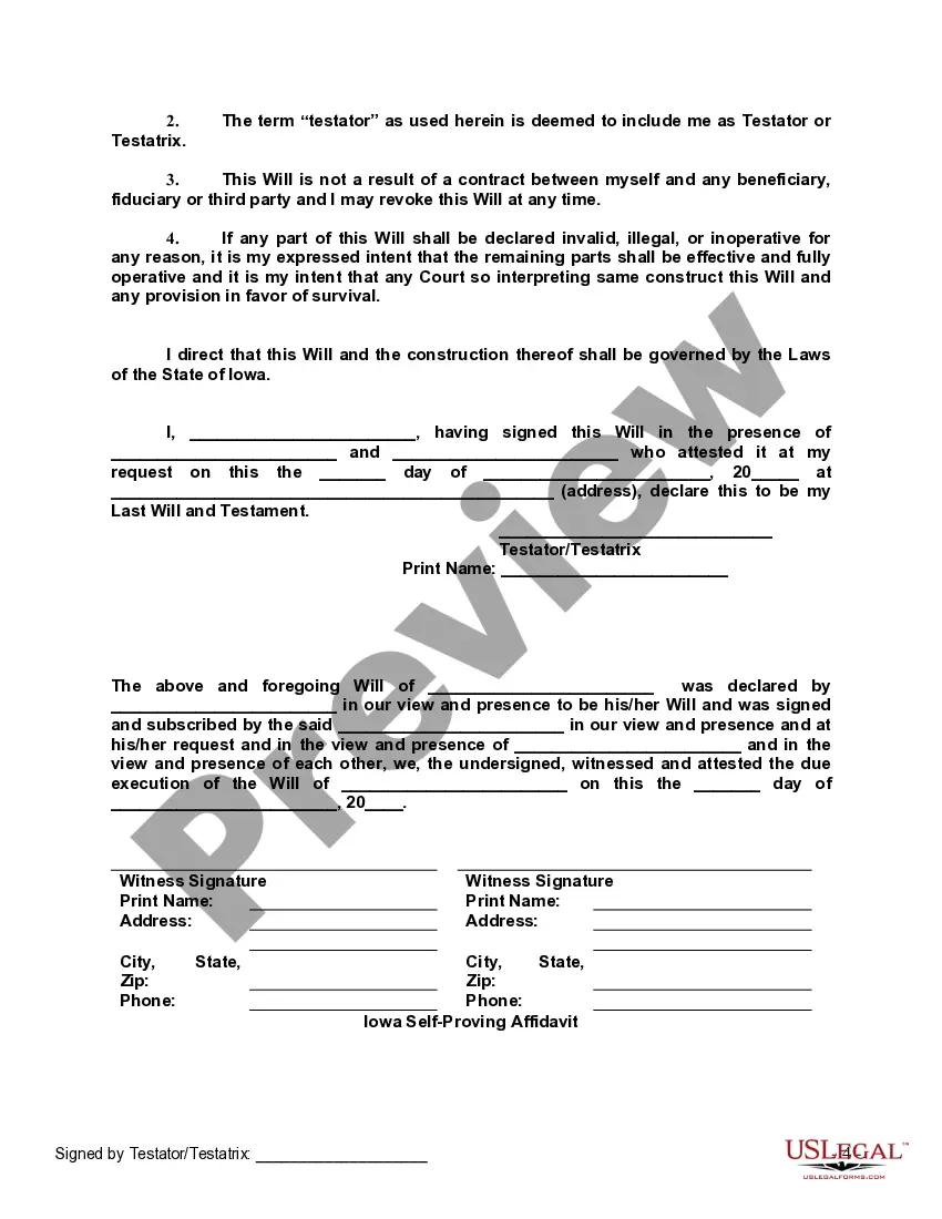 Preview Last Will and Testament with All Property to Trust called a Pour Over Will