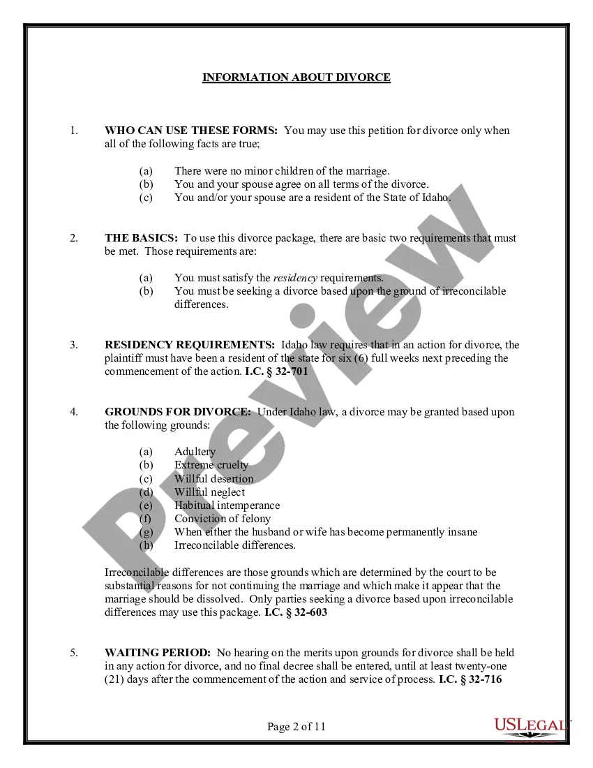 Preview Idaho No-Fault Uncontested Agreed Divorce Package for Dissolution of Marriage with Adult Children and with or without Property and Debts