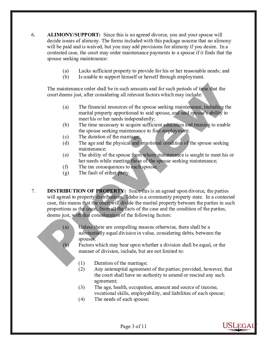 Preview Idaho No-Fault Uncontested Agreed Divorce Package for Dissolution of Marriage with Adult Children and with or without Property and Debts