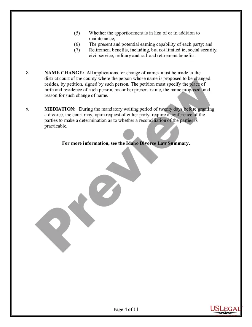 Preview Idaho No-Fault Uncontested Agreed Divorce Package for Dissolution of Marriage with Adult Children and with or without Property and Debts